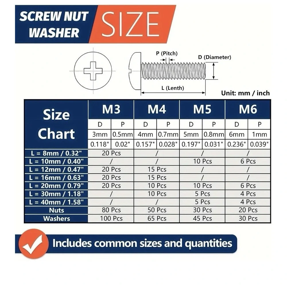 600Pcs Screws Bolts Nuts Assortment Kit Metric Screws and Flat Washers Head Sets